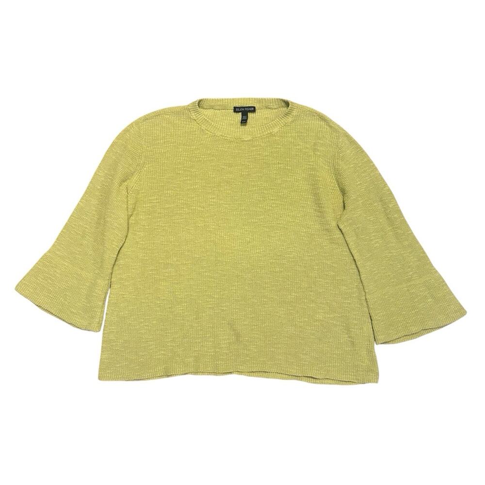 Eileen Fisher Sweater Womens Medium Chartreuse Green Organic Linen Cotton Knit